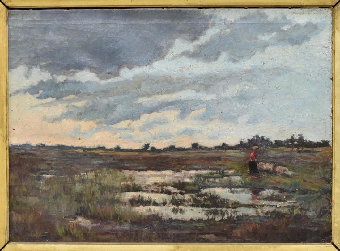 FRENCH SCHOOL OIL ON CANVAS PAINTING IN GILT FRAME: French school oil on canvas painting, early 20th c., unsigned, label verso for Maison S. Franco artists supplies in Nice, centered in elaborate gilt frame, loss and lifting to paint, loose canvas, pat