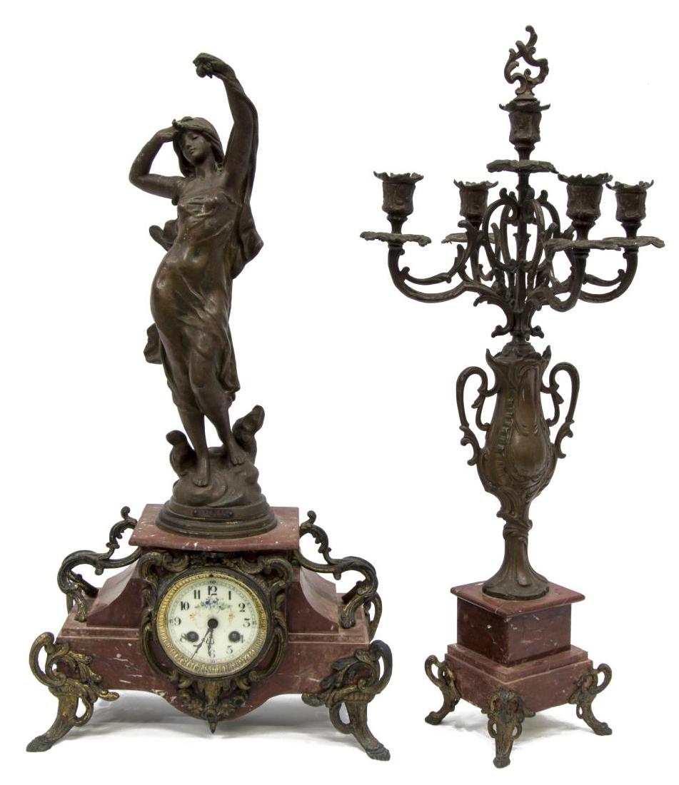 (2) JAPY FRERES FIGURAL MANTLE CLOCK & GARNITURE: (2 piece) French mantle set, late 19th c., including: (1) clock, having "L'Aurore" female allegorical figure, signed in cast after Moreau, surmounting the variegated red marble case, housing circular 