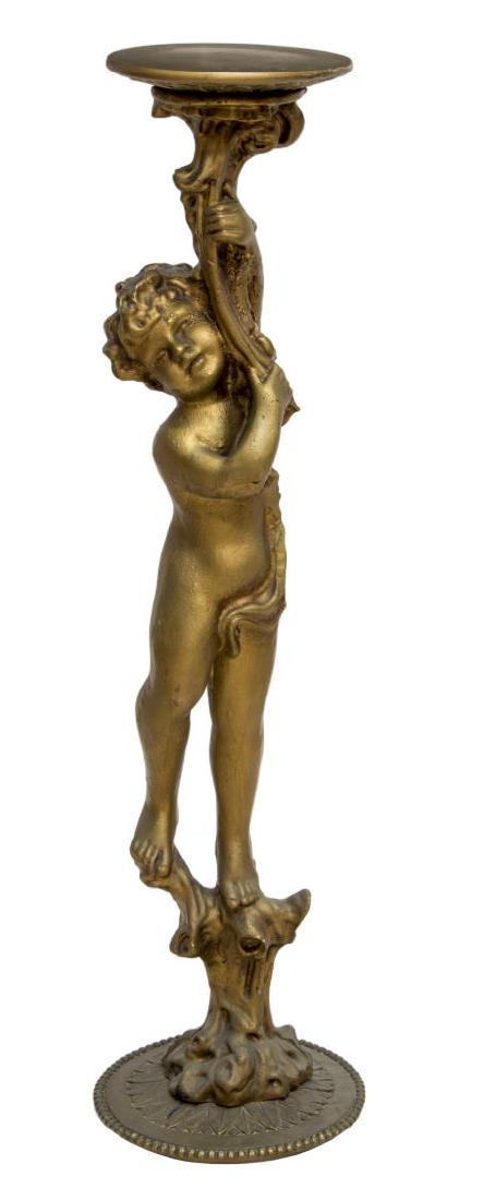 ROCOCO REVIVAL FIGURAL GILT PUTTI STAND / PEDESTAL: Figural stand or pedestal, 20th c., having circular metal base, with gadrooned edge, and stiff leaf design, surmounted by gilt cast-resin standing putti figure, holding a scrolling foliate stand, with