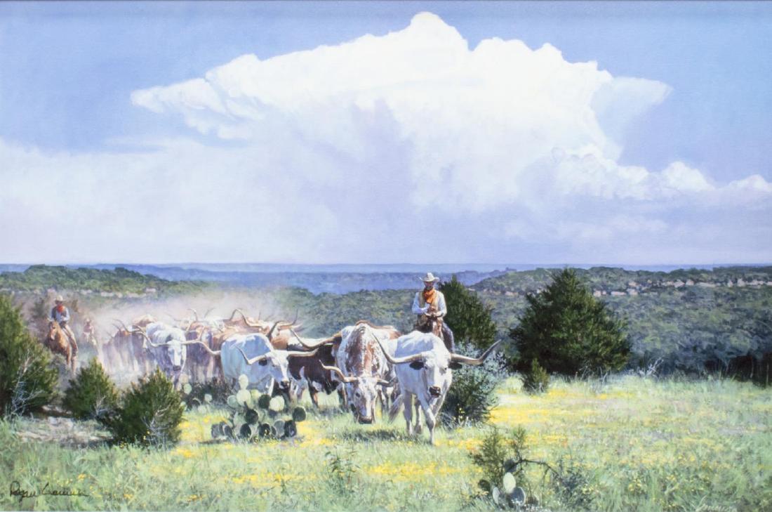 RAGAN GENNUSA (TEXAS, B.1944) FRAMED GICLEE CANVAS: Framed giclee on canvas, 2006, Distant Thunder, signed in print and by hand Ragan Gennusa (Texas, b.1944), certificate of authenticity from Somerset House Publishing, Inc. verso, sight: 19.5"h, 29.5"w
