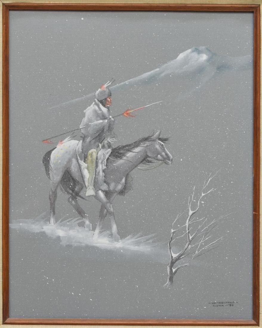 BOBBY HILL, WHJITE BUFFALO (KIOWA, 1933-1984): Framed gouache on paper, "Feather Soldier" signed, dated 1980 lower right White Buffalo, Kiowa (Bobby Hill, Oklahoma, 1933-1984), signed again, titled at verso, sight: 19.25"h, 15.5"w, overall: 27.25"
