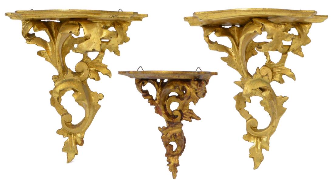 (3) LOUIS XV STYLE FLORENTINE GILTWOOD BRACKETS: (lot of 3) Louis XV style Florentine giltwood wall brackets: (pair) small shelf, over scrolled acanthus, 8.5"h, 8"w; (1) small bracket of similar design, 6"h, 5.75"w; 1lb total Start Price: $60.00