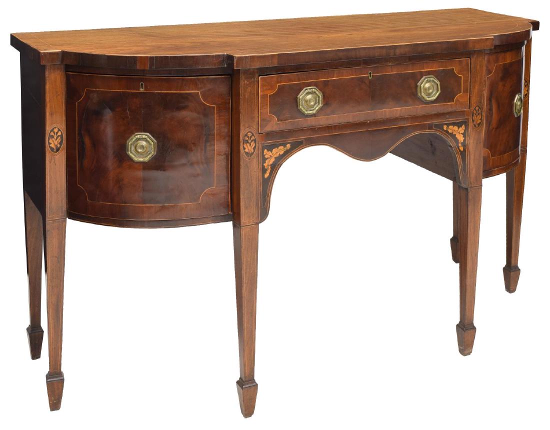 ENGLISH HEPPLEWHITE MARQUETRY SIDEBOARD: English Hepplewhite sideboard, mid 19th c., shaped top with string inlaid border, over case fitted with single drawer and two side cabinets, drawer and cabinet fronts with string inlay and octagonal m