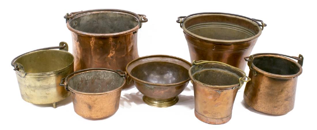 (7) CONTINENTAL COPPER & BRASS PAILS/ BUCKETS: (lot of 7) Continental copper and brass pails/ buckets, late 19th/ early 20th c., various sizes and designs, (six) with bail handles, patination and scattered dents, largest: 8.75"h, 11"diam; 16.5lbs 