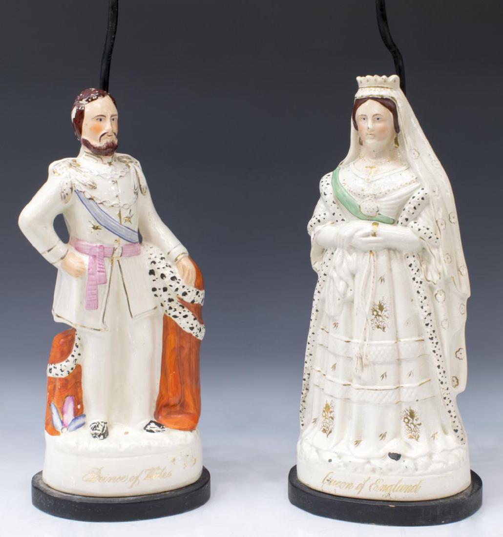 (2) STAFFORDSHIRE VICTORIA & EDWARD FIGURAL LAMPS: (pair) Staffordshire figures, now mounted as table lamps, 19th/ 20th c., depicting Queen Victoria and Edward Prince of Wales, scatted loss to paint, one lacking finial, approx 32.5"h, 8"w, 6"d; 11.5lb