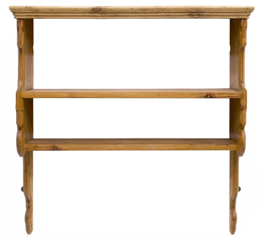 RUSTIC PINE WALL HUNG RACK/SHELF: Rustic pine wall hung rack/shelf, having corniced top, over scalloped carved sides, approx 44.75"h, 43.75"w, 12.75"d Start Price: $50.00