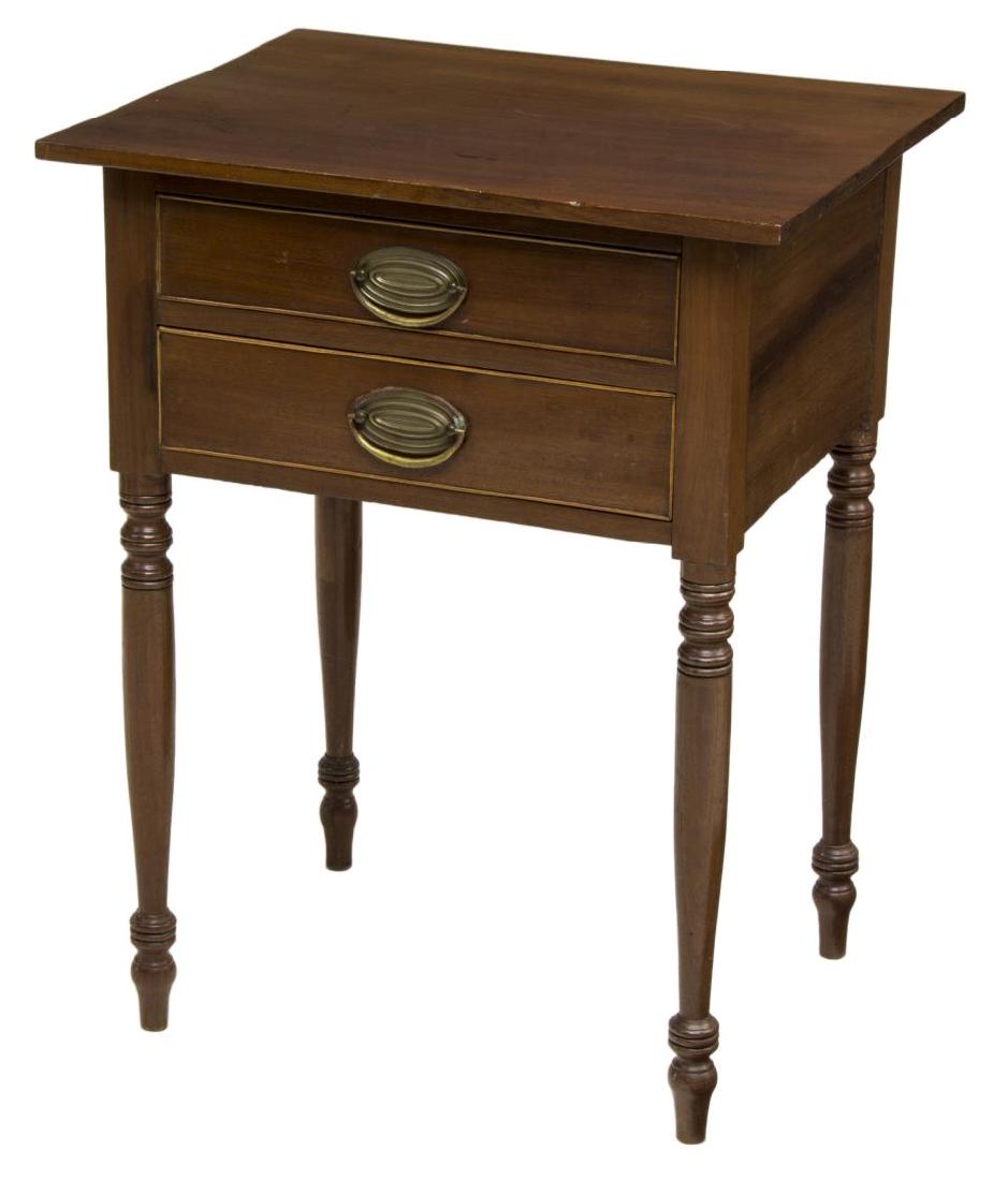 AMERICAN HARDWOOD TWO-DRAWER SIDE TABLE, 19TH C: American hardwood side table, 19th c., fitted with two drawers, having brass oval mount bail handle pulls, rising on turned tapered legs, and blunt arrow feet, approx 28.5"h, 22.25"w, 17.5"d Start Pri