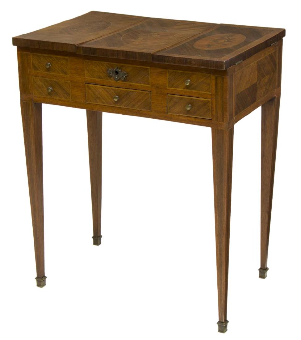 FRENCH MARQUETRY VANITY OR SEWING TABLE, 19TH C.: French vanity or sewing table, 19th c., having oak finish, with floral marquetry to top, with three hinged doors to top, storage to interior, two drawers and three faux drawers to front, all with bras