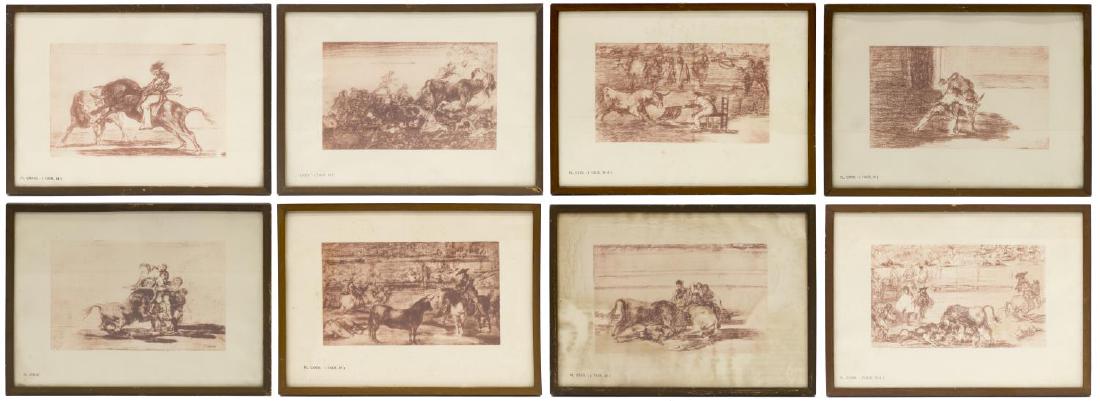 (8) FRAMED PRINTS 'LA TAUROMAQUIA' AFTER GOYA: (lot of 8) Framed prints based on the red sanguine preparatory drawings for "La Tauromaquia," after Francisco Goya (Spain, 1746-1828), toning and foxing to paper, (one) with water staining, sight: 9.5