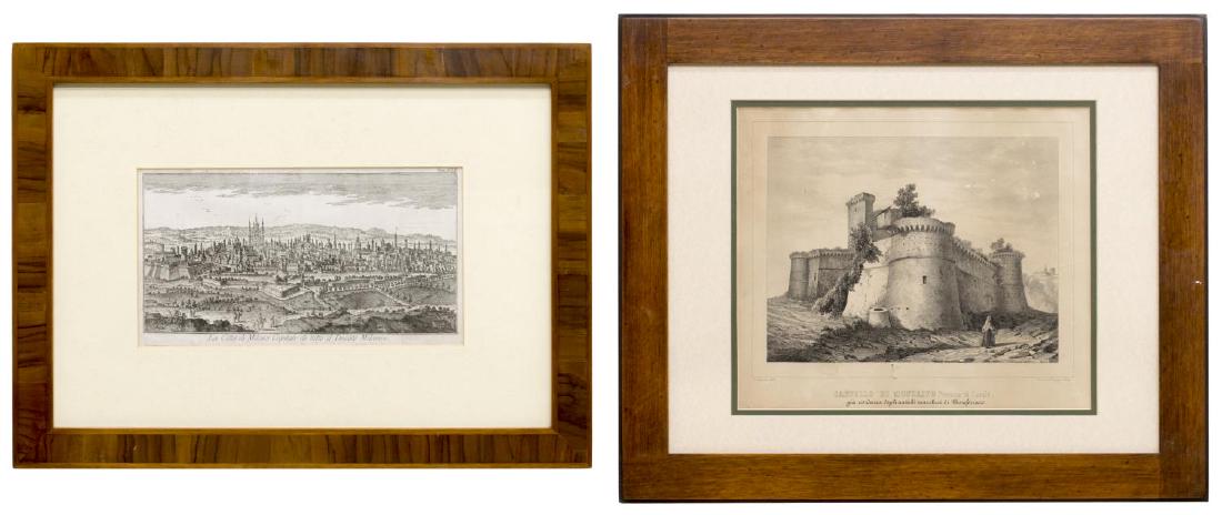 (2) FRAMED ITALY ETCHINGS, MILAN & PIEDMONT CASTLE: (lot of 2) Framed Italian etchings on paper, including: (1) "La Citta di Milano Capitale di tutto il Ducato Milanese," c. 1751, engraved by Herman Moll (England, 1654?-1732), plate from the Italian tr