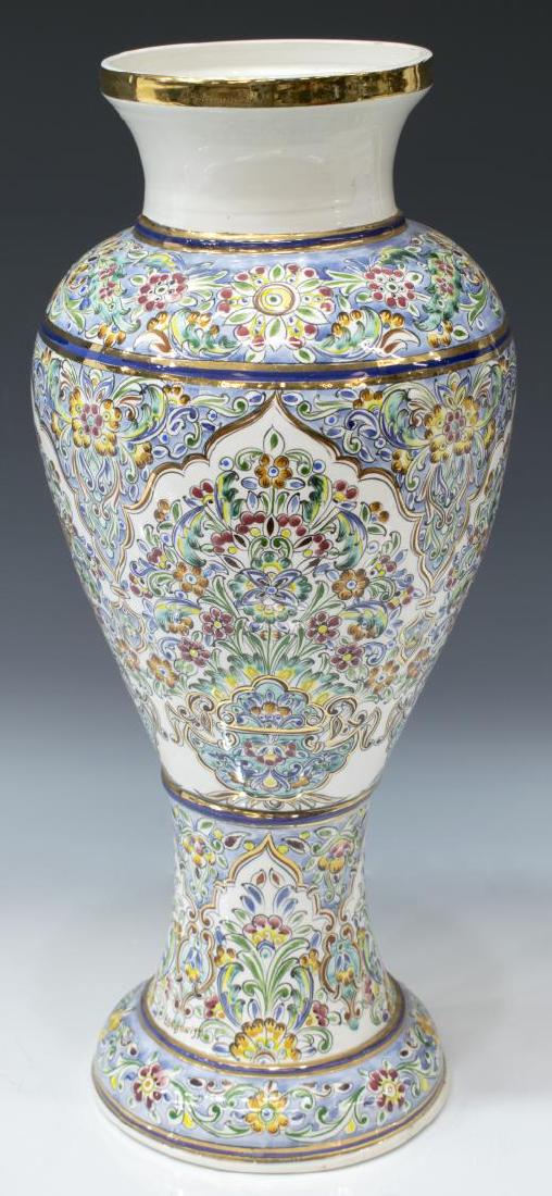 ALGERIAN BERDJANI CERAMIC FAIENCE VASE ON STAND: Berdjani Ceramique d'Art faience vase on stand, Algeria, 1997, polychrome floral designs with gilt accents, dated and signed, approx 19.25"h, 7"diam, 6.25lbs Start Price: $30.00