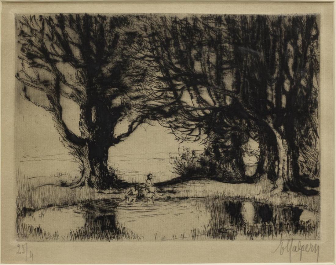 FREDERICK HALPERN SWIMMING HOLE ETCHING: Framed etching on paper, Swimming Hole Under Trees, numbered 4 of 25, pencil signed lower right F. Halpern (Frederick H. Halpern, Vienna, Austria, Australia, b. 1909), framing tag of Kennedy & Co., 5t