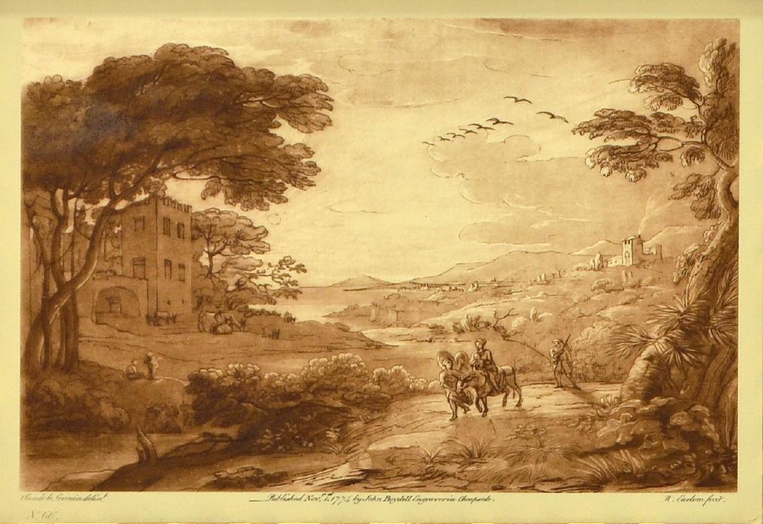 (2) AFTER CLAUDE LORRAIN SCENIC PRINTS, FRAMED: (pair) Framed reproduction prints on paper, after Claude Lorrain (French 1600-1682), depicting the Flight to Egypt and Coastal Scene with Battle on Bridge, originals are mezzotints from "Liber Veritat