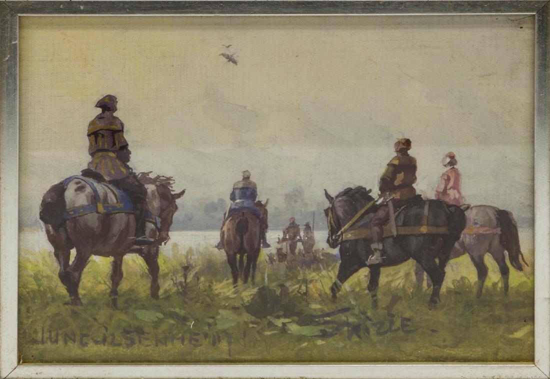 (2) FRANZ JUNG-ILSENHEIM (D.1963) GOUACHE SKETCHES: (lot of 2) Framed watercolor and gouache sketches, signed F. Jung-Ilsenheim (Franz Xaver Jung-Ilsenheim, Austria, 1883-1963), all marked "skizze" (sketch), including: (1) Bull, signed lower right, sig