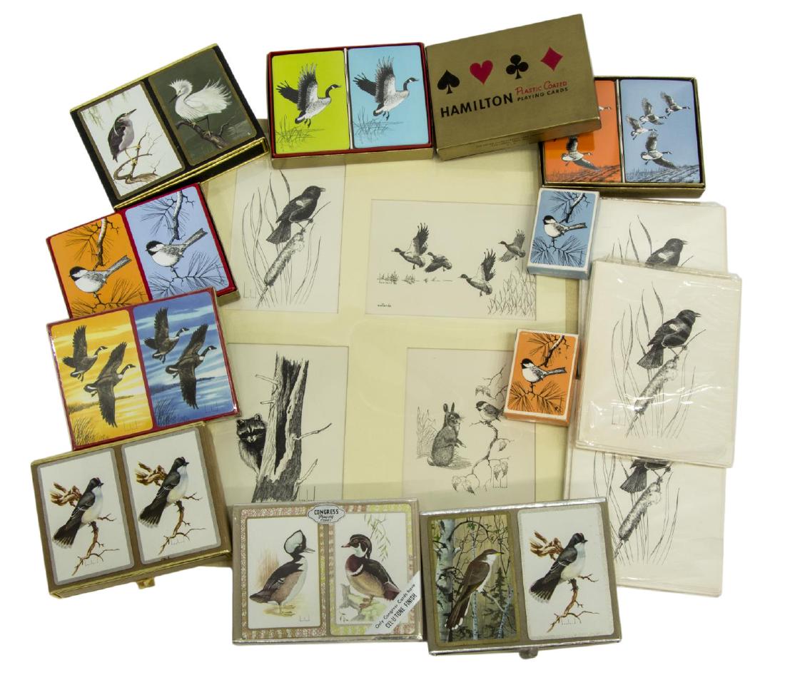 (15) D. HOWLAND (NY, 1920-1999) ART PLAYING CARDS: (lot of 15) Douglas Leo Howland (New York, 1920-1999) group, including: (11) boxes of playing cards, all with bird illustration backs after Douglas Howland, largest: 4"h, 5.25"w, (3) packs of stationa