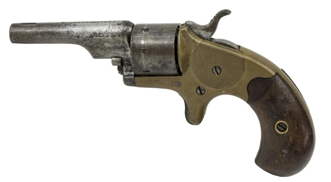 COLT OPEN TOP POCKET PISTOL, FACTORY SN ERROR: Colt Open Top Pocket Pistol, .22 S or L caliber, 7 round cylinder, 2.3/8" round barrel, brass frame, marked at the barrel top on two lines, Colt's Pt. F.A. Mfg. Co., Hartford, Ct. U.S.A., marked at le
