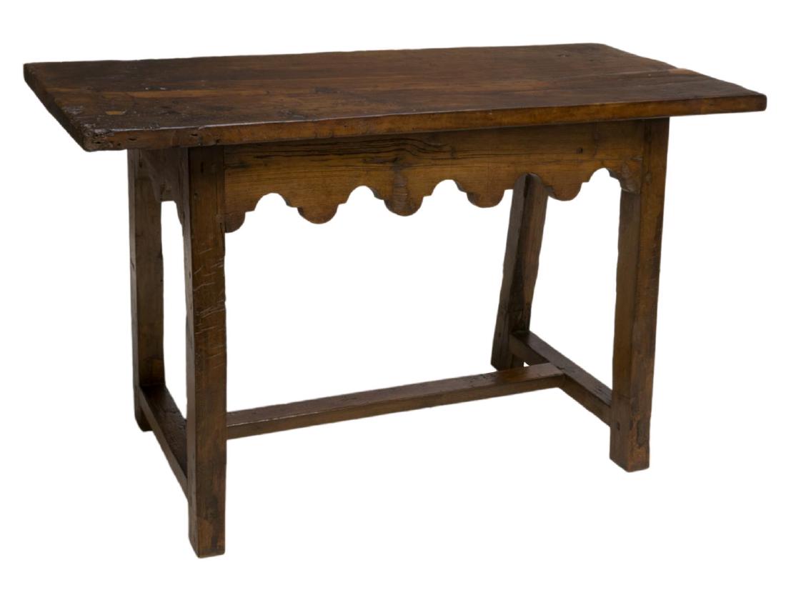 SPANISH SINGLE BOARD TOP WORK TABLE, C. 1800: Spanish single board top work table, c. 1800, rectangular with old inset repairs, rising on stretcher joined canted squared legs, 31"h 52"w, 22.75"d Start Price: $200.00