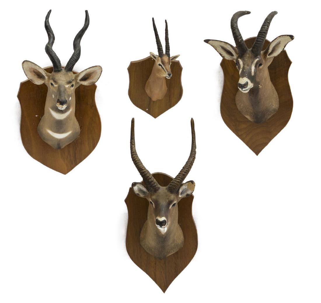 (4)LOUIS PAUL JONAS STUDIOS TROPHY MOUNTS, GAZELLE: (lot of 4) Louis Paul Jonas (American, 1894-1971) Studios miniature trophy mounts, all signed to back, including: (1) Thompsons Gazelle; (1) Waterbuck; (1) Roan Antelope, numbered 8/89 to back; (1) Le