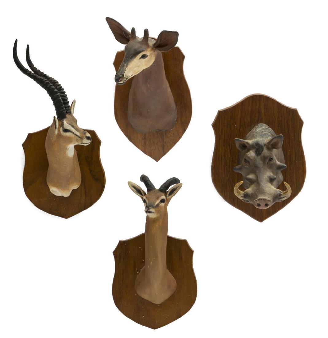 (4) LOUIS PAUL JONAS STUDIOS TROPHY MOUNTS, OKAPI: (lot of 4) Louis Paul Jonas (American, 1894-1971) Studios miniature trophy mounts, signed to back, including: (1) Okapi, numbered 8/89 to back; (1) Warthog; (1) Grant's Gazelle; (1) Gerenuk; largest: