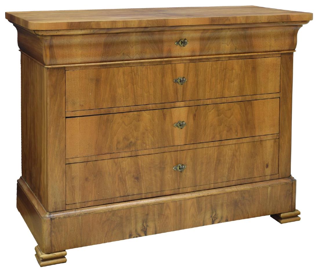 FRENCH LOUIS PHILIPPE WALNUT COMMODE: French Louis Philippe walnut commode, late 19th c., the body fitted with a frieze drawer, three long drawers and a hidden drawer in the base, rising on bracket feet, approx 38"h, 50.25"w, 22.5"d Start