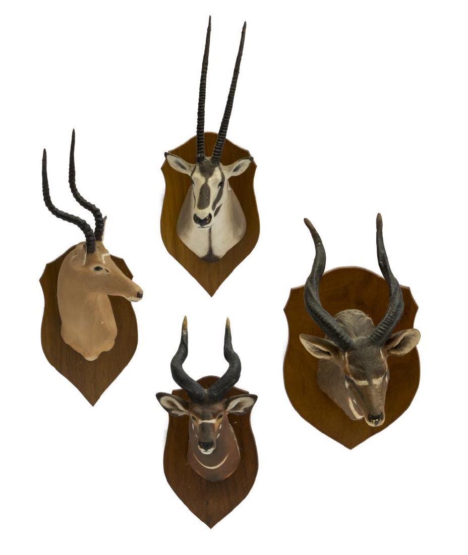 (4) LOUIS PAUL JONAS STUDIOS TROPHY MOUNTS, BONGO: (lot of 4) Louis Paul Jonas (American, 1894-1971) Studios miniature trophy mounts, signed to back, including: (1) Bongo; (1) Beisa Oryx, numbered 8/89 to back; (1) Hunter's Hartebeest, numbered 9/89 t