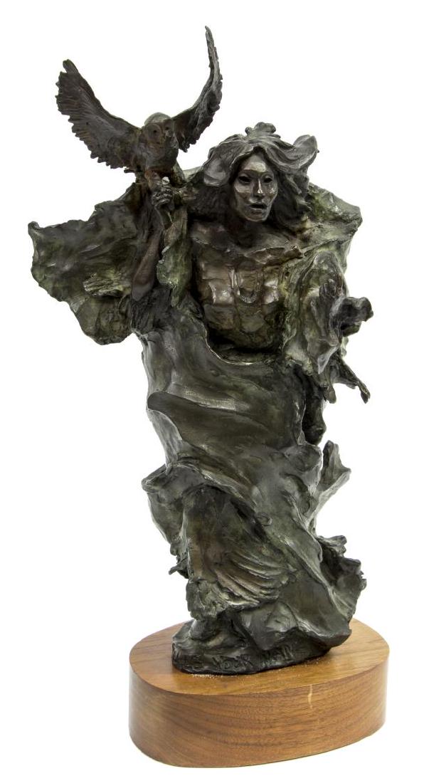 NANCY McLAUGHLIN(1932-1985)BRONZE INDIAN SCULPTURE: (2) Bronze sculpture, "Owl Woman Calls Your Name", signed, numbered in the bronze 9 of 25, Nancy McLaughlin (Montana, 1932-1985), accompanied by the November 1977 issue of Southwest Art featuring the 