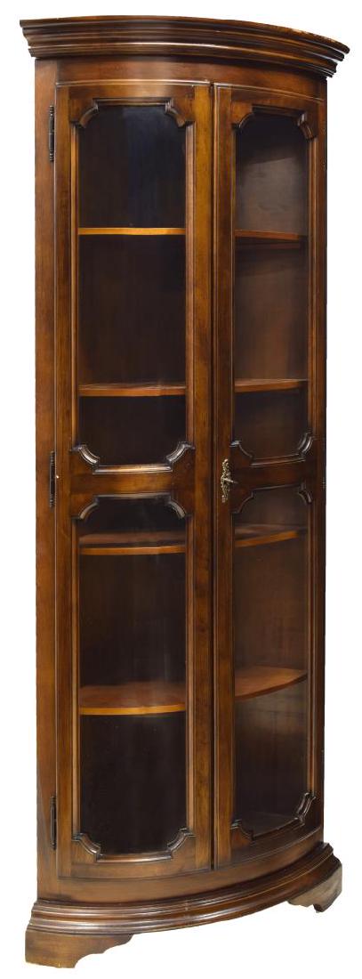 LOUIS PHILILPPE MAHOGANY GLASS CORNER CABINET: French Louis Philippe mahogany corner cabinet, c. 1880's, the shaped corniced top over two, glass pane doors, opening to interior fitted with shelves, rising on bracket feet, approx 79.75"h, 30.5"w, 2