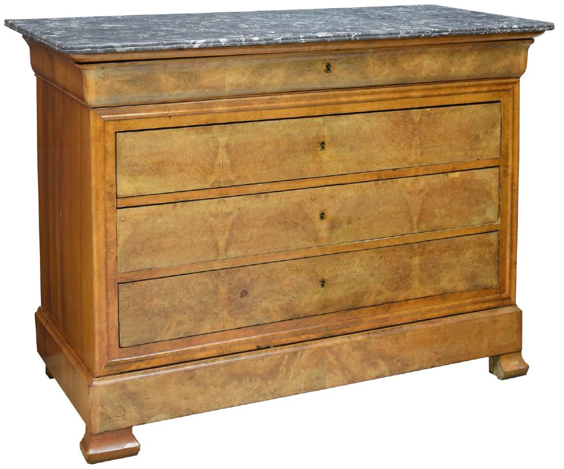 FRENCH CHARLES X MARBLE TOP COMMODE: French Charles X maple commode, early 19th c., having a marble top above five drawers, two of the drawers appearing as upper and lower trim, rising on bracket feet, repair to rear corner of marble, 38