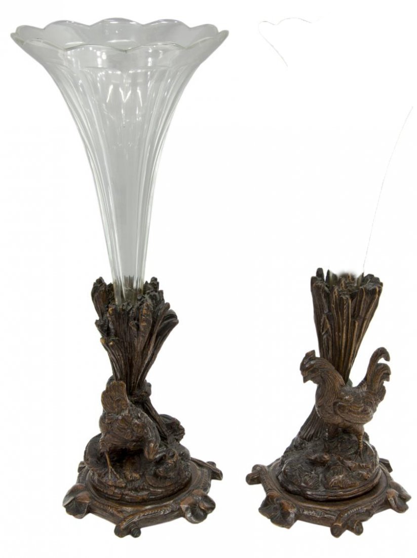 2) BAVARIAN BLACK FOREST CARVED WALNUT SPILL VASES: (lot of 2) Bavarian Black Forest spill vase and base, late 19th c., carved walnut, each depicting chickens with bundles of wheat on naturalistic base, (1) set with glass trumpet-form vase with scallop