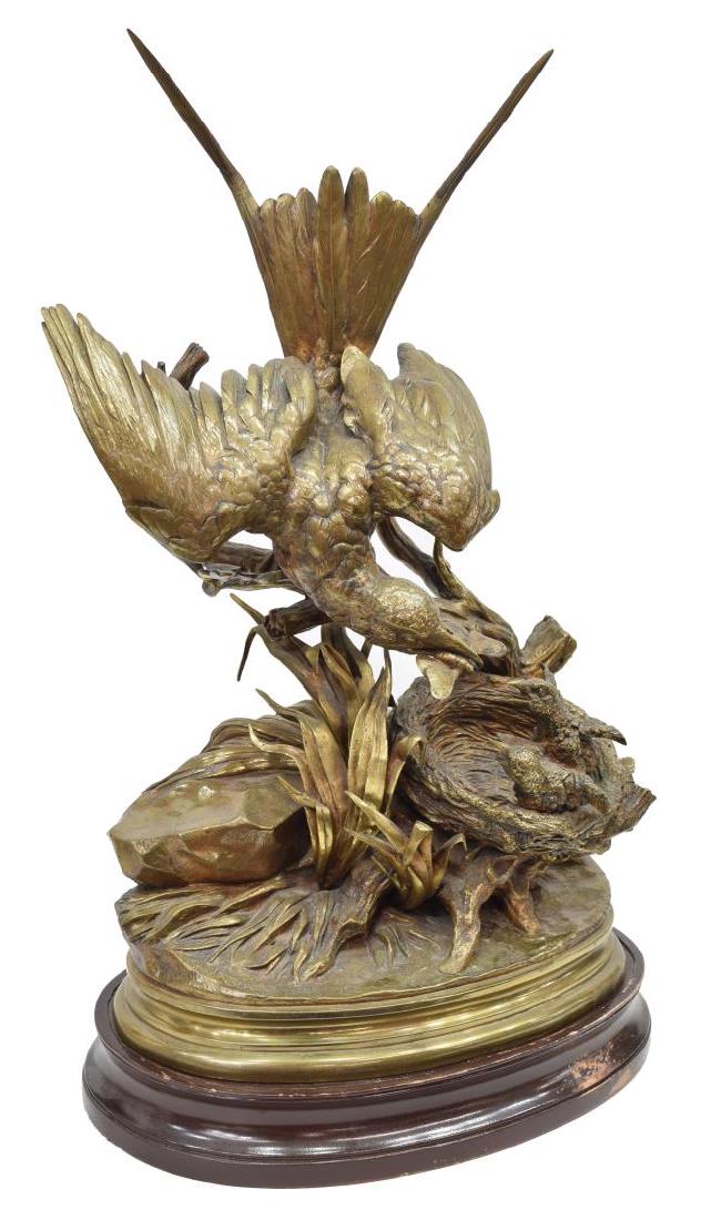JULES MOIGNIEZ (1835-1894) WILDLIFE BRONZE BIRDS: Monumental bronze wildlife group, 19th c., Bird with Nest, signed in cast J. Moigniez (Jules Moigniez, France, 1835-1894), the central bird feeding a moth to two chicks in a nest on naturalistic base,