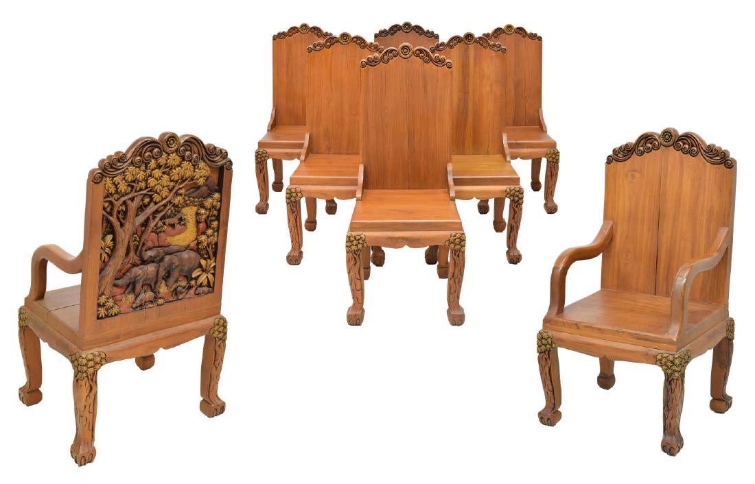 (8)HEAVILY CARVED TEAKWOOD DINING CHAIRS, THAILAND: (lot of 8) Heavily carved teakwood dining chair set, Thailand, with scroll and foliate crest, back carved with scenes featuring boars, horses, and elephants, rising on bulb foot tree design carved leg