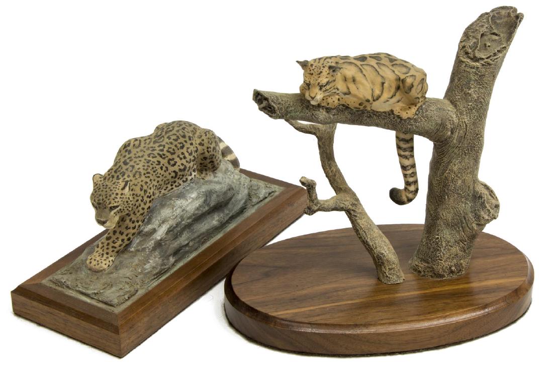 (2)LOUIS PAUL JONAS STUDIOS CLOUDED & SNOW LEOPARD: (lot of 2) Louis Paul Jonas (1894-1971) Studios wildlife sculptures, signed and numbered, including: (1) Clouded Leopard, numbered 8/97 on tree trunk; (1) Snow Leopard, numbered 11/88; largest: approx