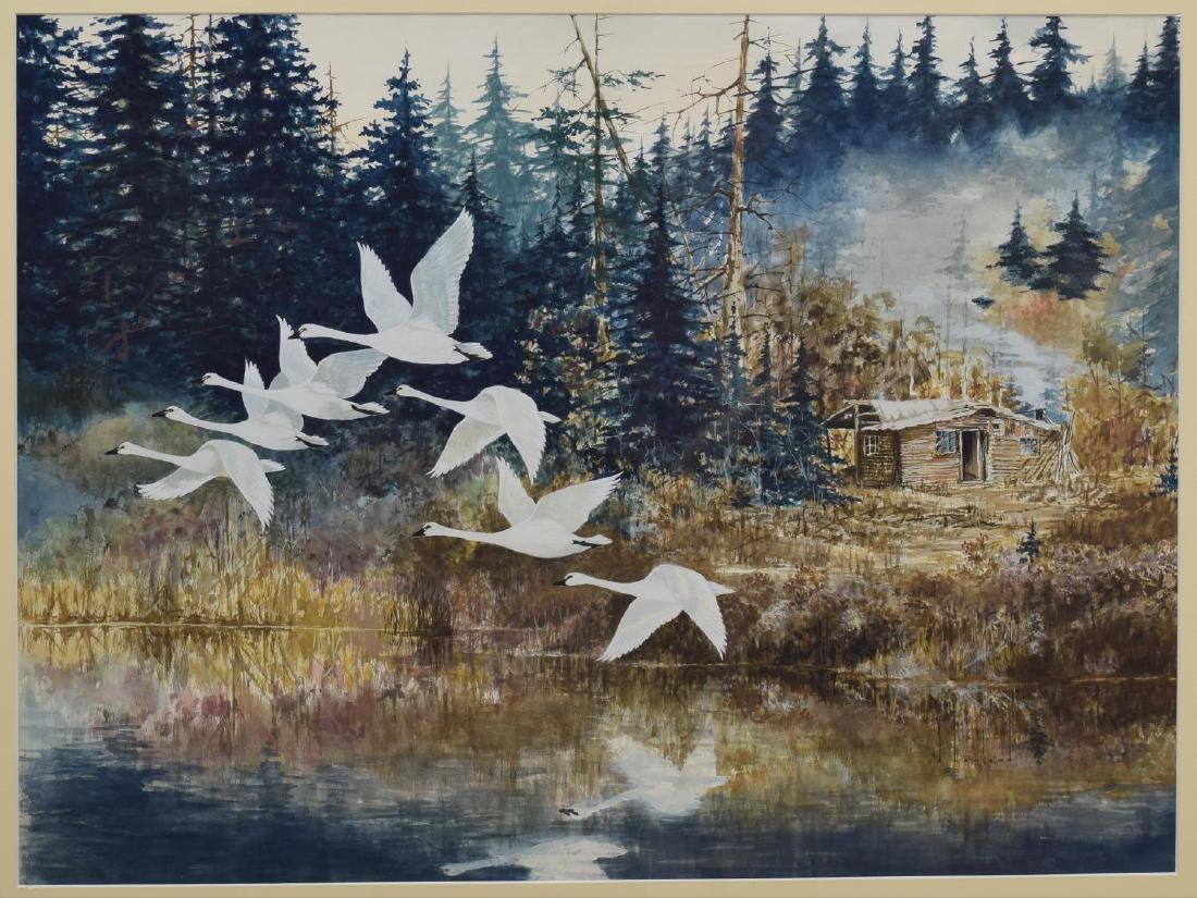 D. HOWLAND (NY, 1920-1999) WATERCOLOR PAINTING: Framed watercolor and gouache painting on paper, Swans in Flight, signed lower right D. Howland (Douglas Leo Howland, New York, 1920-1999), depicting a log cabin by the water with seven swans in fligh