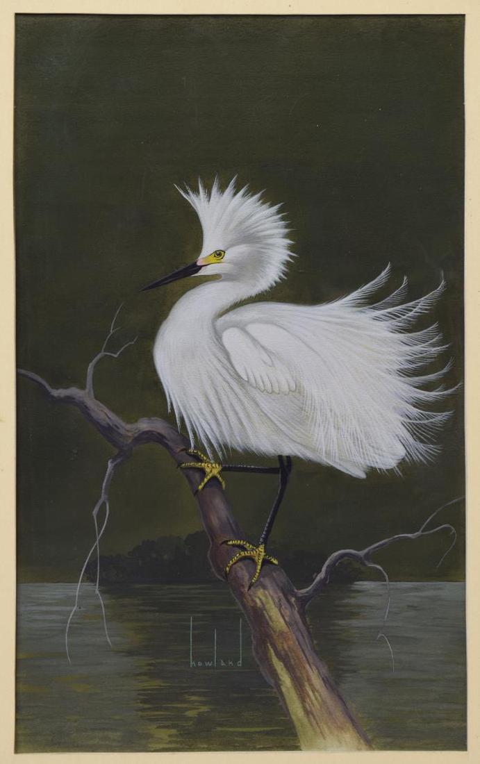 D. HOWLAND (NY, 1920-1999) PLAYING CARD PAINTING: Unframed watercolor and gouache painting on illustrators board, Snowy Egret, signed lower left Howland (Douglas Leo Howland, New York, 1920-1999), depicting an egret on branch, accompanied by playing 