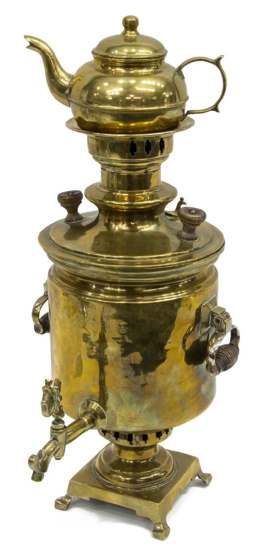 RUSSIAN BRASS SAMOVAR, SEALS & MAKERS MARK, EAGLE: Russian brass samovar, c. 1900, makers name with stamps and Russian Eagle at top section, seven stamps at front, the vent at top with a bird form cover, wood handles, a small removable tea kettle, sam