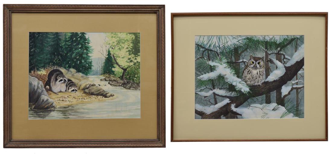 (2) D. HOWLAND (NY, 1920-1999) WATERCOLOR PAINTING: (lot of 2) Framed watercolor and gouache paintings on paper, signed D. Howland (Douglas Leo Howland, New York, 1920-1999), including: (1) Owl in Snowy Pine Tree, sight: approx 13"h, 17"w, overall: app