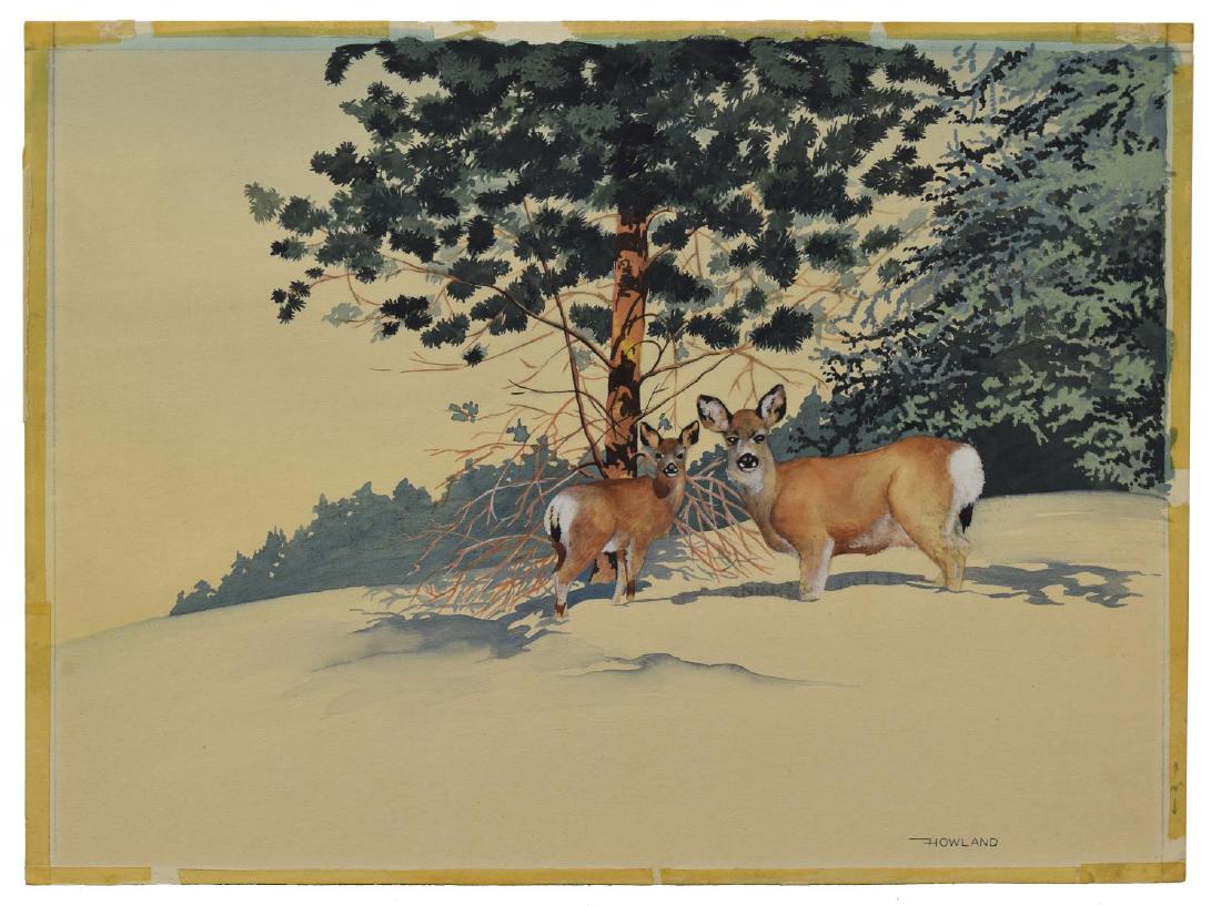 D. HOWLAND (NY, 1920-1999) WATERCOLOR PAINTING: Unframed watercolor and gouache painting on illustrators board, 1947, Mule Deer, signed lower right Howland (Douglas Leo Howland, New York, 1920-1999), depicting a two mule deer in the snow, dated and