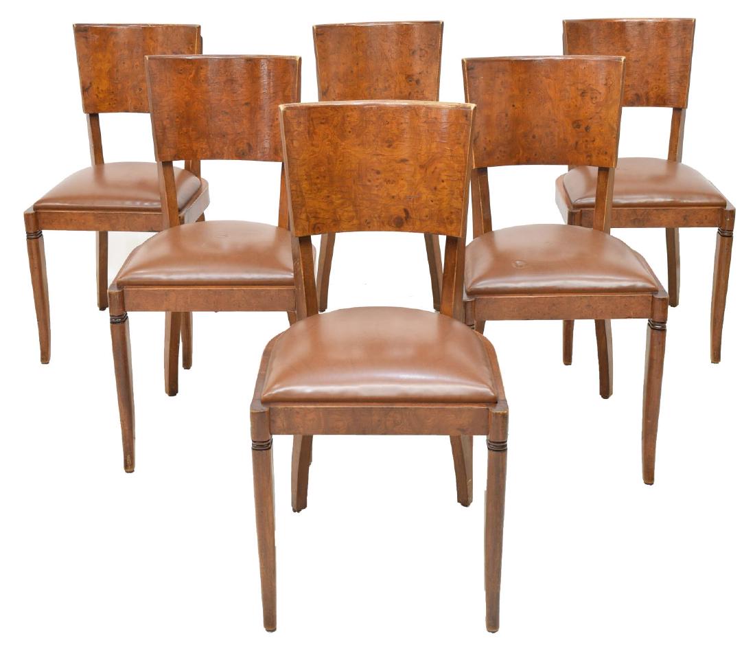(6) FRENCH ART DECO BURLWOOD DINING CHAIRS: (lot of 6) French art deco burlwood dining chairs, the curved back over a brown vinyl upholstered seat, rising on glider foot outswept legs, wear to vinyl and veneer, repairs, approx 35"h, 17.75"w, 21