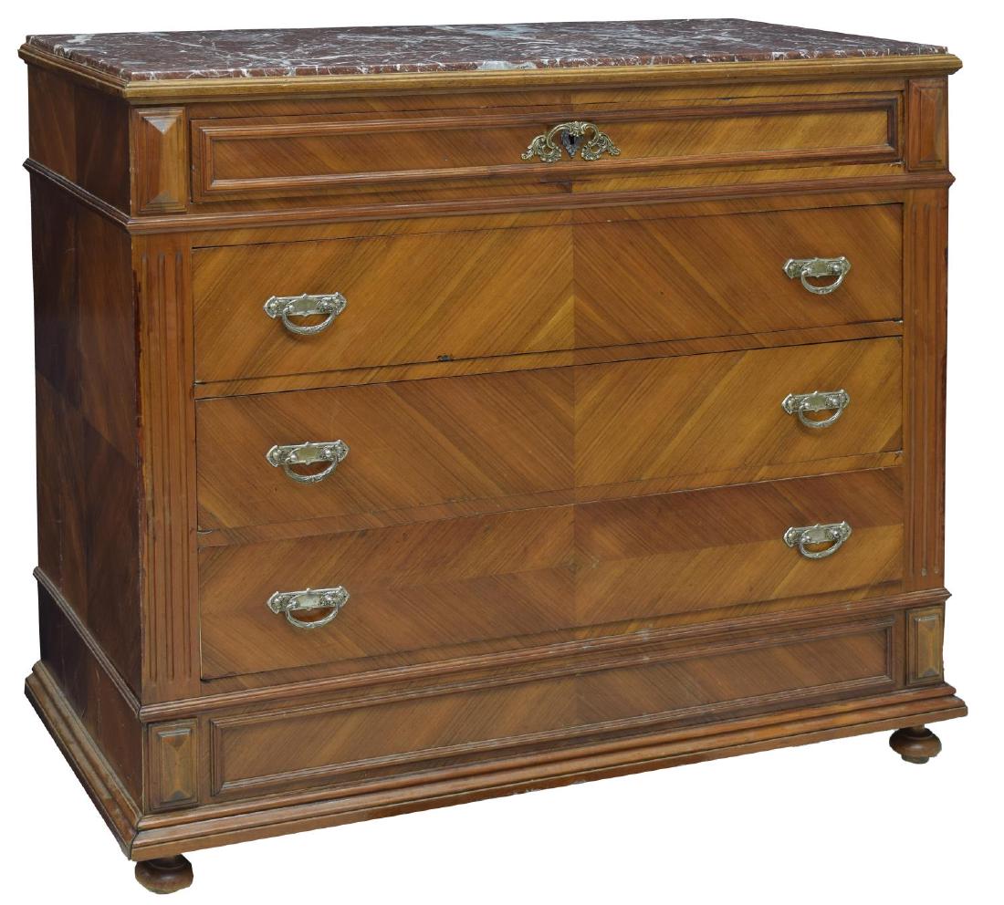 FRENCH NAPOLEON III MARBLE-TOP WALNUT COMMODE: French Napoleon III commode, mid to late 19th c., marble top, over walnut case, fitted with four drawers, drawer fronts with diamond-matched veneers, flanked by fluted sides, plinth base, rising on bu