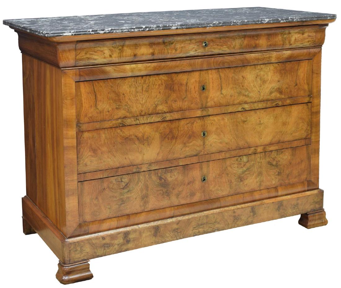 FRENCH LOUIS PHILIPPE MARBLE-TOP WALNUT COMMODE: French Louis Philippe commode, mid 19th c., with marble top, over walnut case fitted with four drawers, drawer fronts with burled accents, all rising on bracket feet, approx 37.75"h, 51"w, 23"d Start 