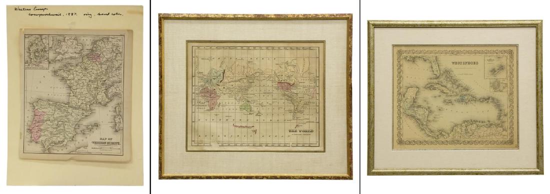 (3) MAPS, MERCATOR'S PROJECTION, WESTERN EUROPE: Antique maps: (1) framed map of the West Indies from George Washington Colton's 1855 Atlas of the World, page 56, Bermuda Islands inset at upper right above the Havana harbor, sight: 13.5"h, 16.5"w, o