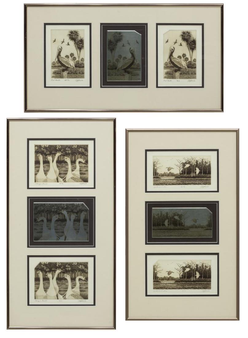 (3) DAVID HUNTER (B.1947) FRAMED BIRD ETCHINGS: (lot of 3) Framed etchings, each consisting of the artist proof, CP 1/1, and the cancelled plate framed behind glass, signed David Hunter (Florida, b.1947), including: (1) "Post Master," overall: appr
