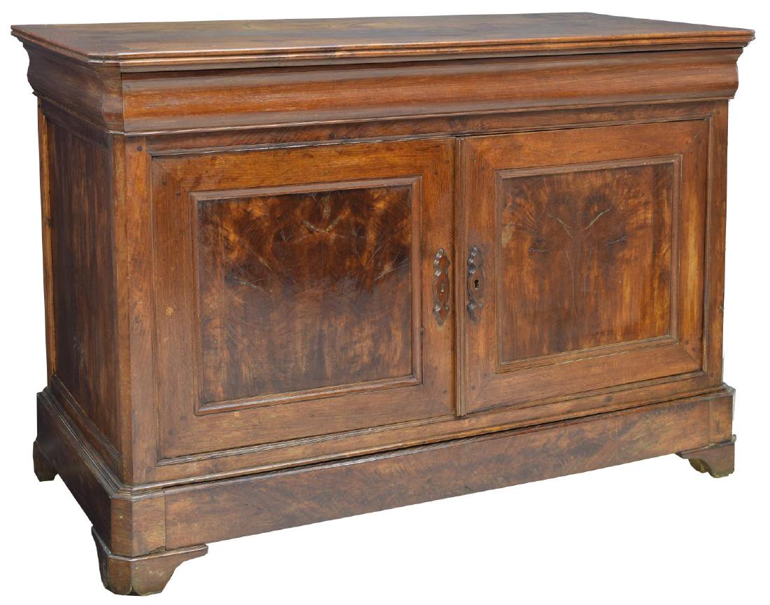 FRENCH LOUIS PHILIPPE OAK SIDEBOARD, MID-19TH C.: French Louis Philippe oak sideboard, c. 1850's, the shaped top over a conforming body fitted with frieze drawer, two-door cabinet with shelves to the interior, and hidden drawer in the base, rising on