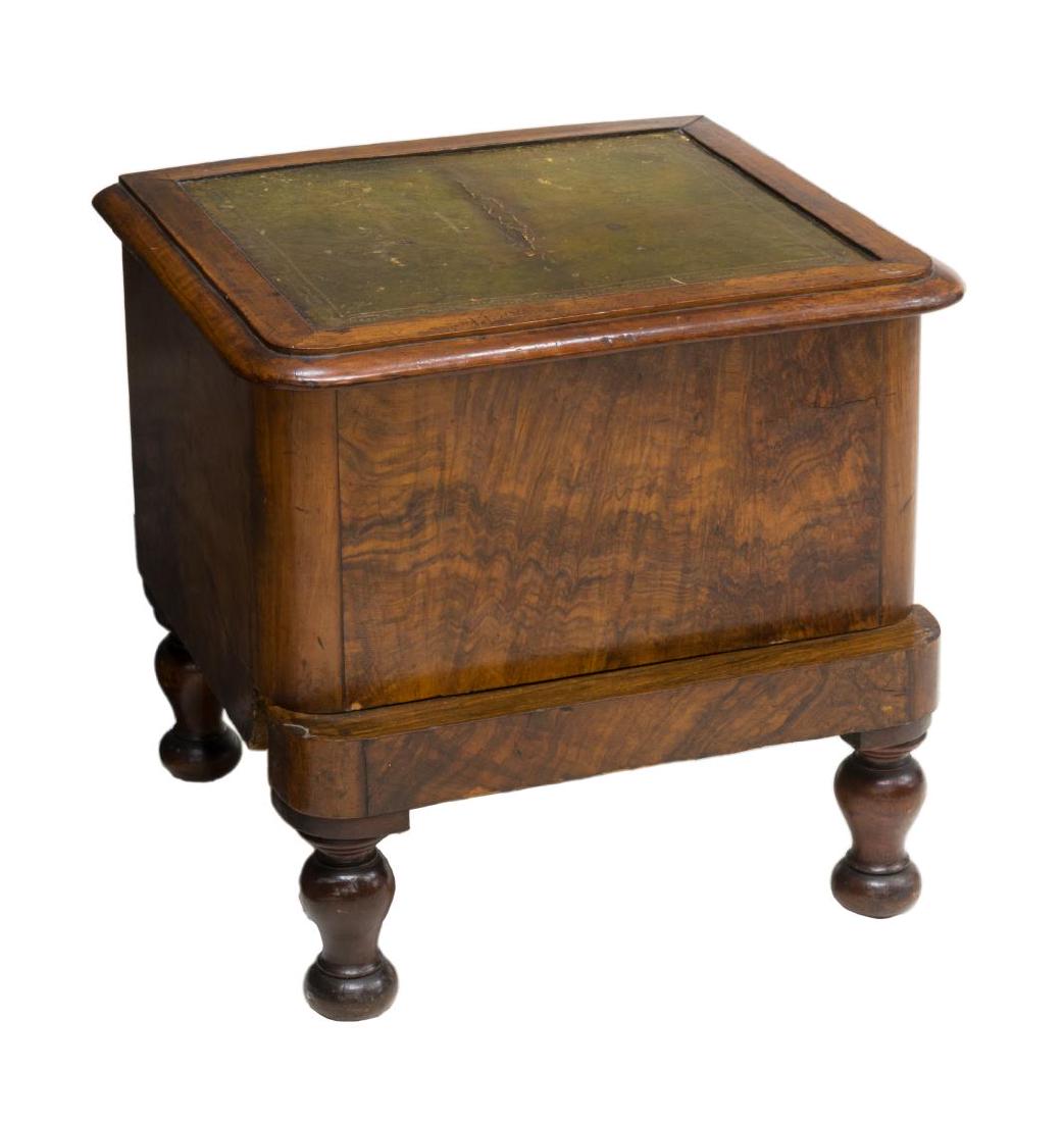 FRENCH MAHOGANY FINISH TRUNK/STEP STOOL: French mahogany finish trunk/step stool, early 20th c., the hinged top with parcel gilt embossed leather surface, storage to interior, base fitted with pull-out step having leather surface, rising on