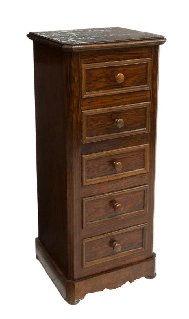 FRENCH LOUIS PHILIPPE MARBLE ROSEWOOD NIGHTSTAND: French Louis Philippe nightstand, mid to late 19th c., marble top, over rosewood case with canted corners, fitted with three drawers and drop front cabinet, cabinet door with false drawer fronts, open