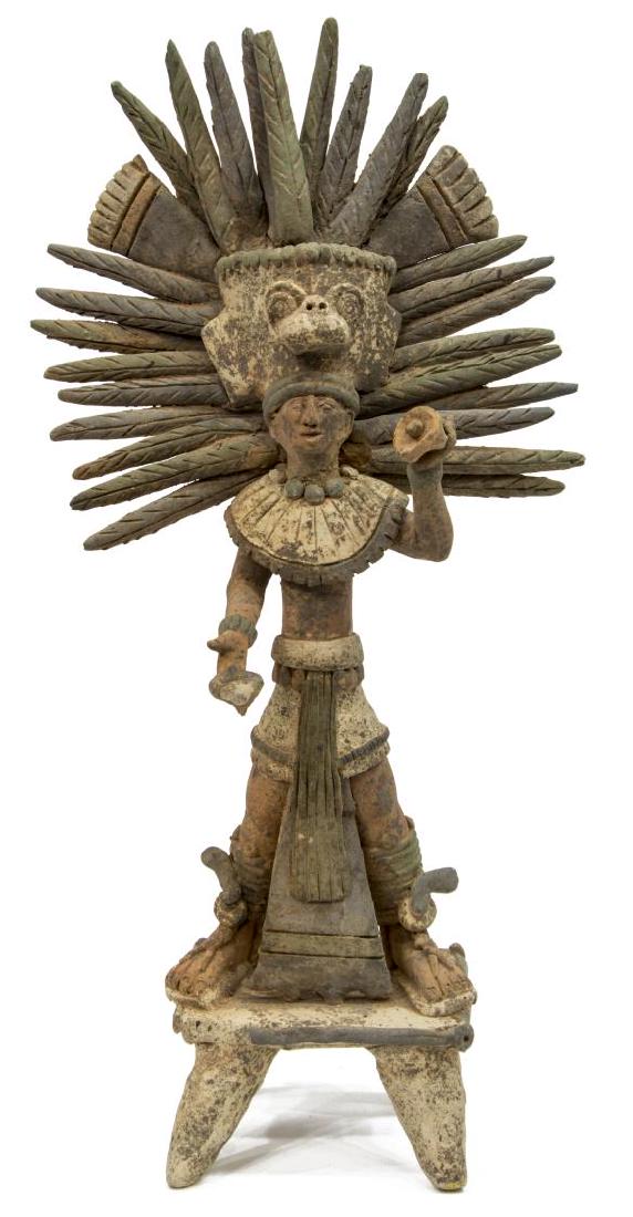 PRECOLUMBIAN STYLE INCAN CLAY PRIEST SCULPTURE: Pre-Columbian style clay sculpture of an Incan priest, rising on quadripartite base, loss and old repairs, approx 22"h, 11"w, 6.5"d, 5.5lbs Start Price: $50.00