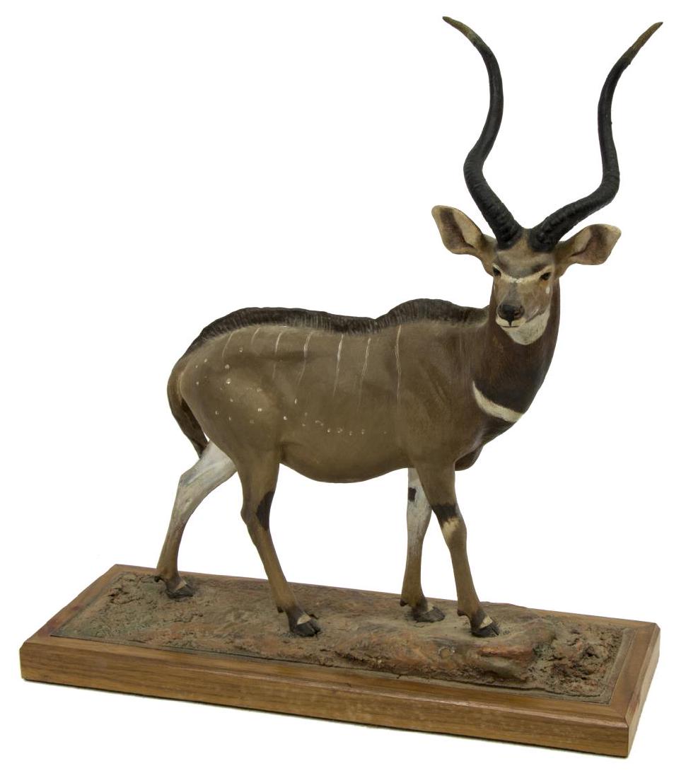 LOUIS PAUL JONAS STUDIOS MOUNTAIN NYALA SCULPTURE: Louis Paul Jonas (American, 1894-1971) Studios wildlife sculpture, Mountain Nyala, signed to back, cracking to antlers, approx 12.5"h, 11.75"w, 4"d, 2.25lbs **Provenance: From the estate of James Dola