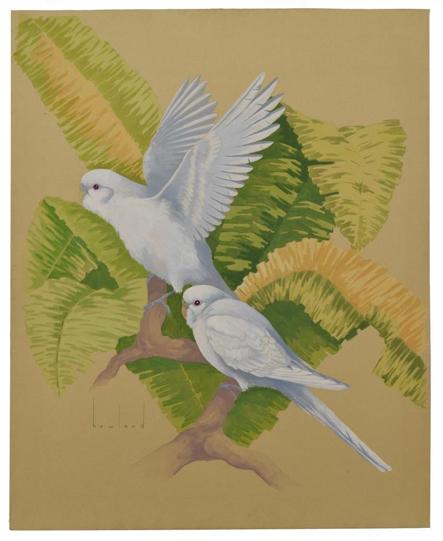 D. HOWLAND (NY, 1920-1999) WATERCOLOR PAINTING: Unframed watercolor and gouache painting on board, White Parakeets, signed lower left Howland (Douglas Leo Howland, New York, 1920-1999), depicting two parakeets in tropical foliage, titled verso, boa