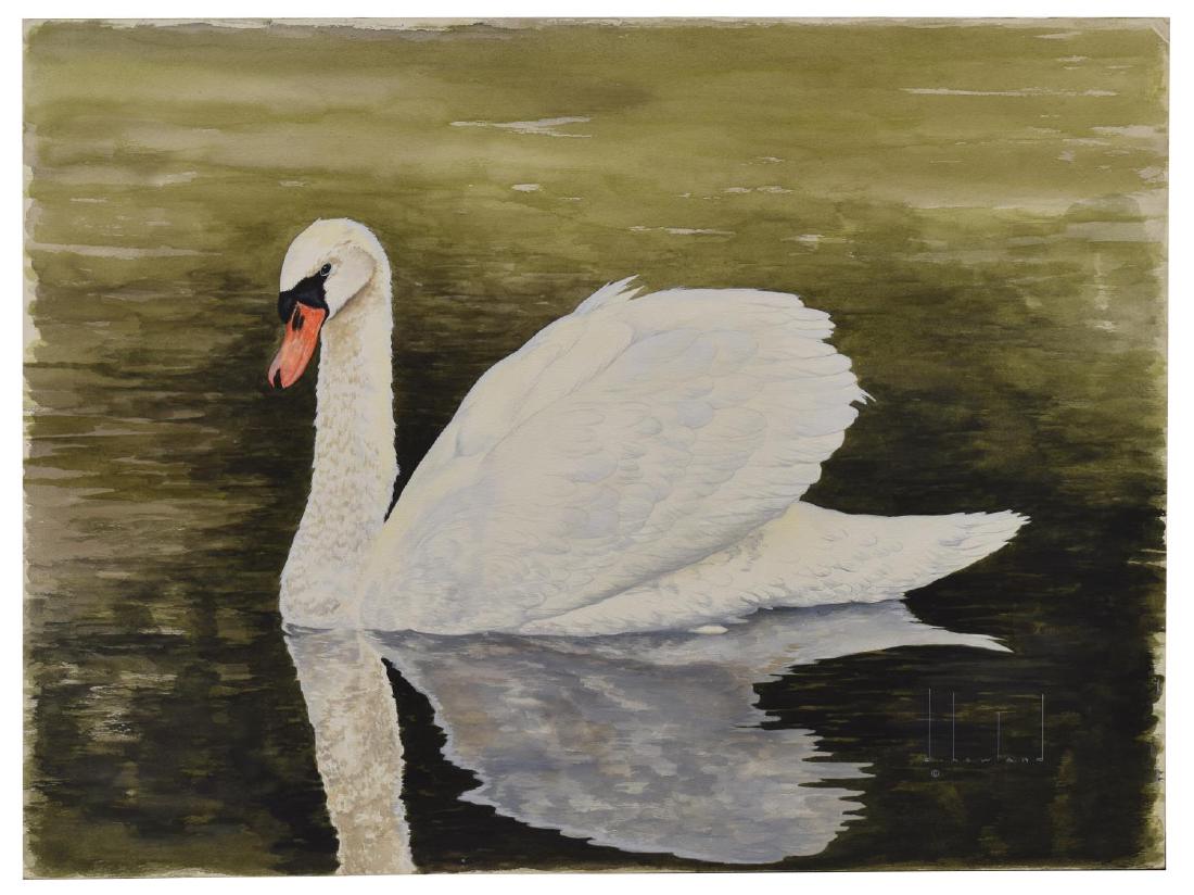 D. HOWLAND (NY, 1920-1999) WATERCOLOR PAINTING: Unframed watercolor and gouache painting on board, "Mute Swan at Sandwich," signed lower right D. Howland (Douglas Leo Howland, New York, 1920-1999), depicting a swan on the water, titled verso, board