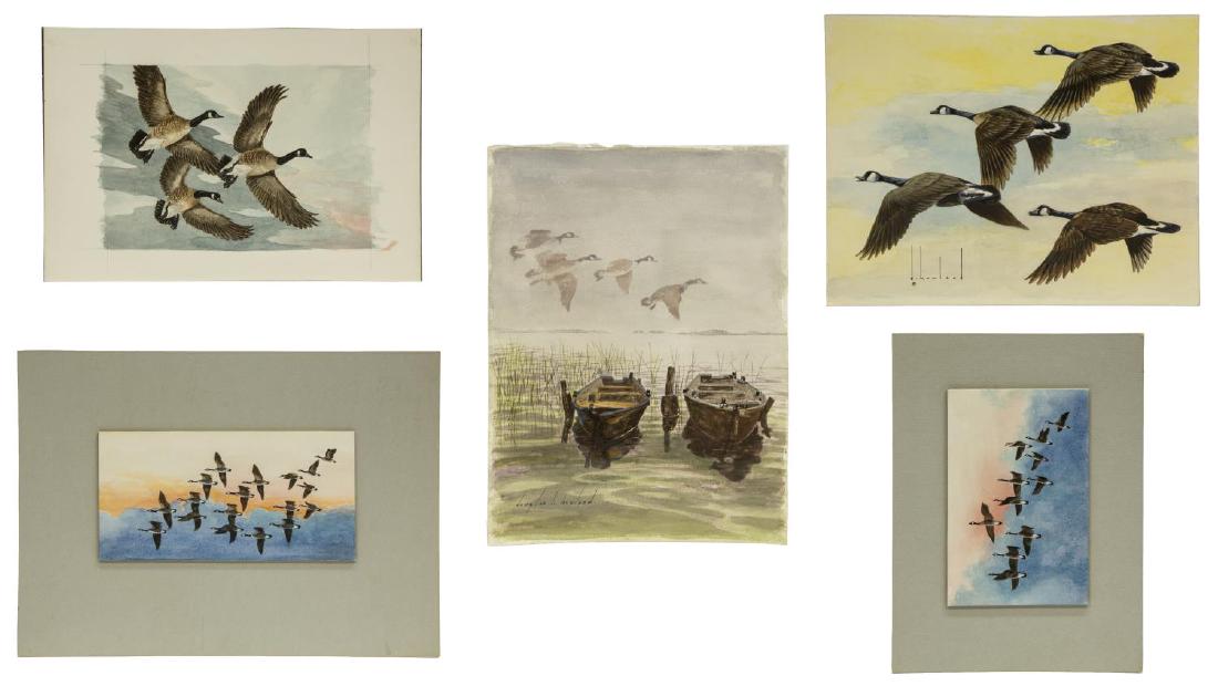 (5) D. HOWLAND (NY, 1920-1999) WATERCOLOR PAINTING: (lot of 5) Unframed watercolor and gouache paintings, by Douglas Leo Howland (New York, 1920-1999), all depicting Canada Geese, including: (six) on board, (one) on paper; largest: approx 15"h, 11"w, 1